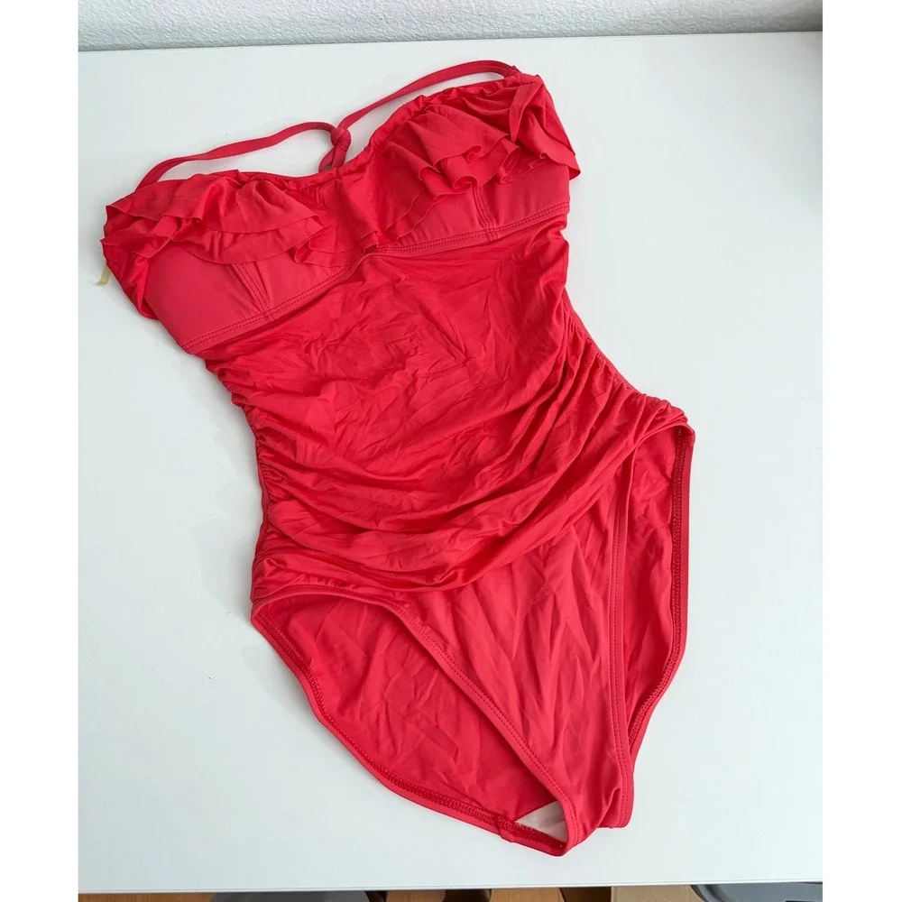 La Blanca Red Ruffle Ruched One Piece Swimsuit Bandeau Halter Size 6